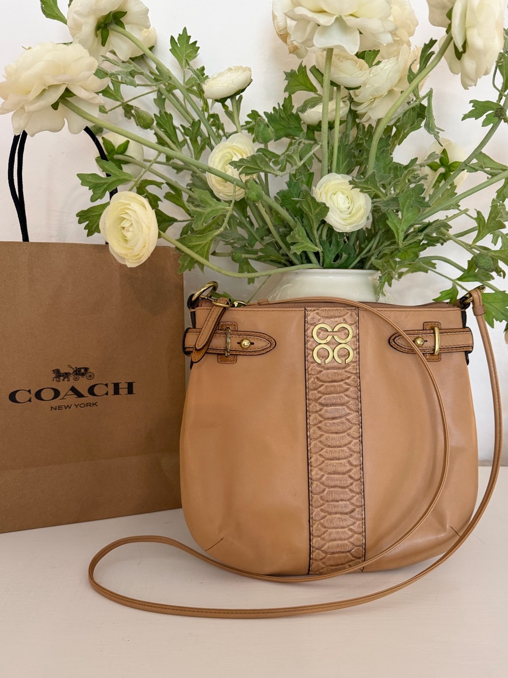 COACH y2k Colette Crossbody in Caramel Leather w/ Snakeskin Trim, 44808
